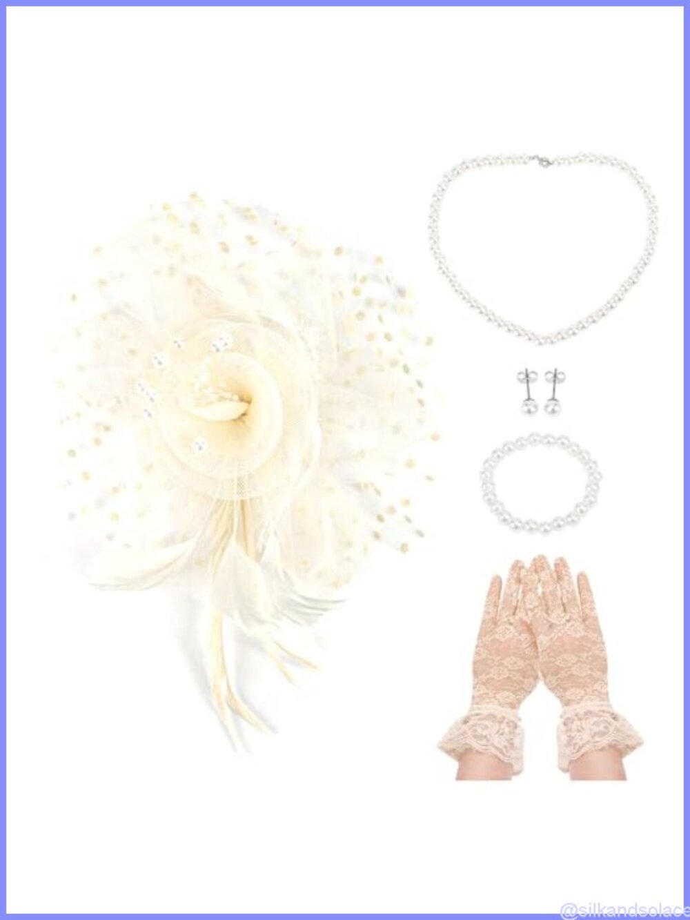 Women's Tea Party Fascinator Headband with Netting, Lace Gloves & Jewelry Set